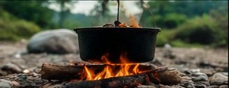 campfire cooking with a pot