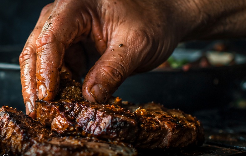 close up hands placing food on grill